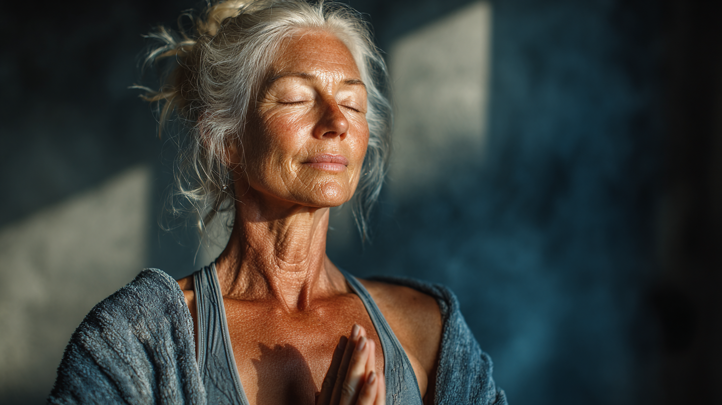 Група старших людей виконує йогу в парку на заході сонця